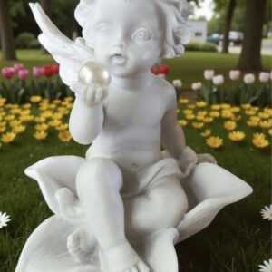 Ange en Résine - Assis sur une Fleur avec Perle Nacrée