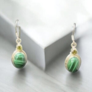 Boucles d’Oreilles en Malachite, Péridot et Argent