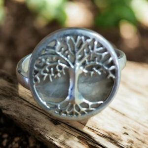 Bague Réglable en Quartz Rose et Arbre de Vie en Argent